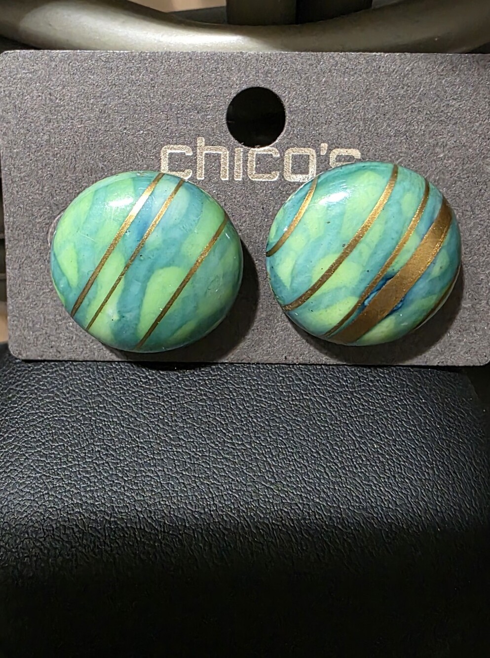 Vintage Chico's Green & Teal Swirl Button Earrings with Gold Accents